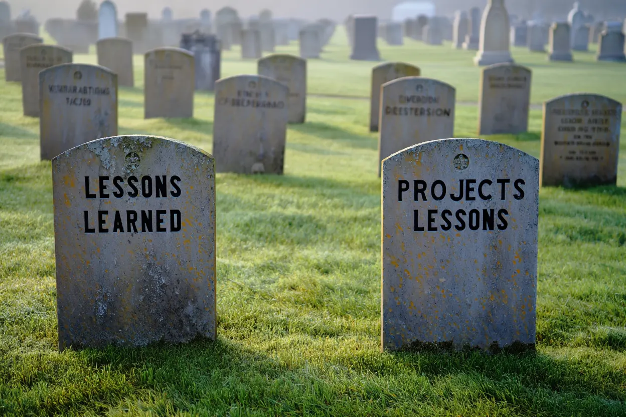 Gravestones labelled Lessons Learned and Projects Lessons – knowledge buried in reports